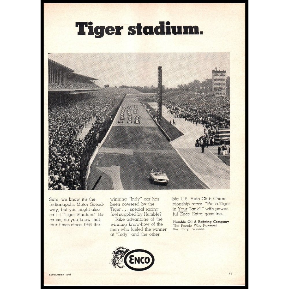 1968 Enco Tiger Stadium Indy 500 Race Car Vintage Print Ad Indianapolis Wall Art